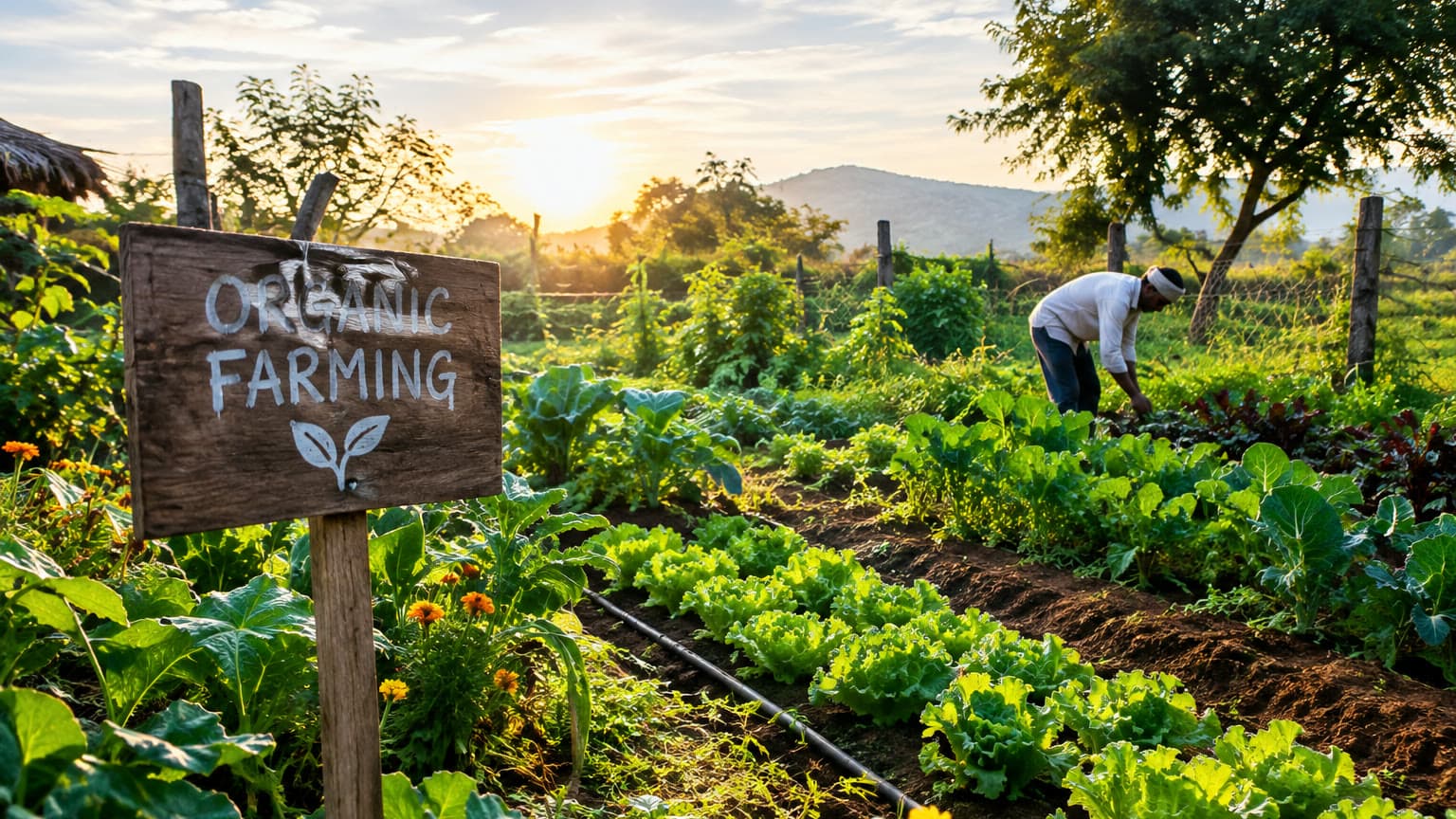A farmer tending vegetable beds beside an 'Organic Farming' sign at sunrise